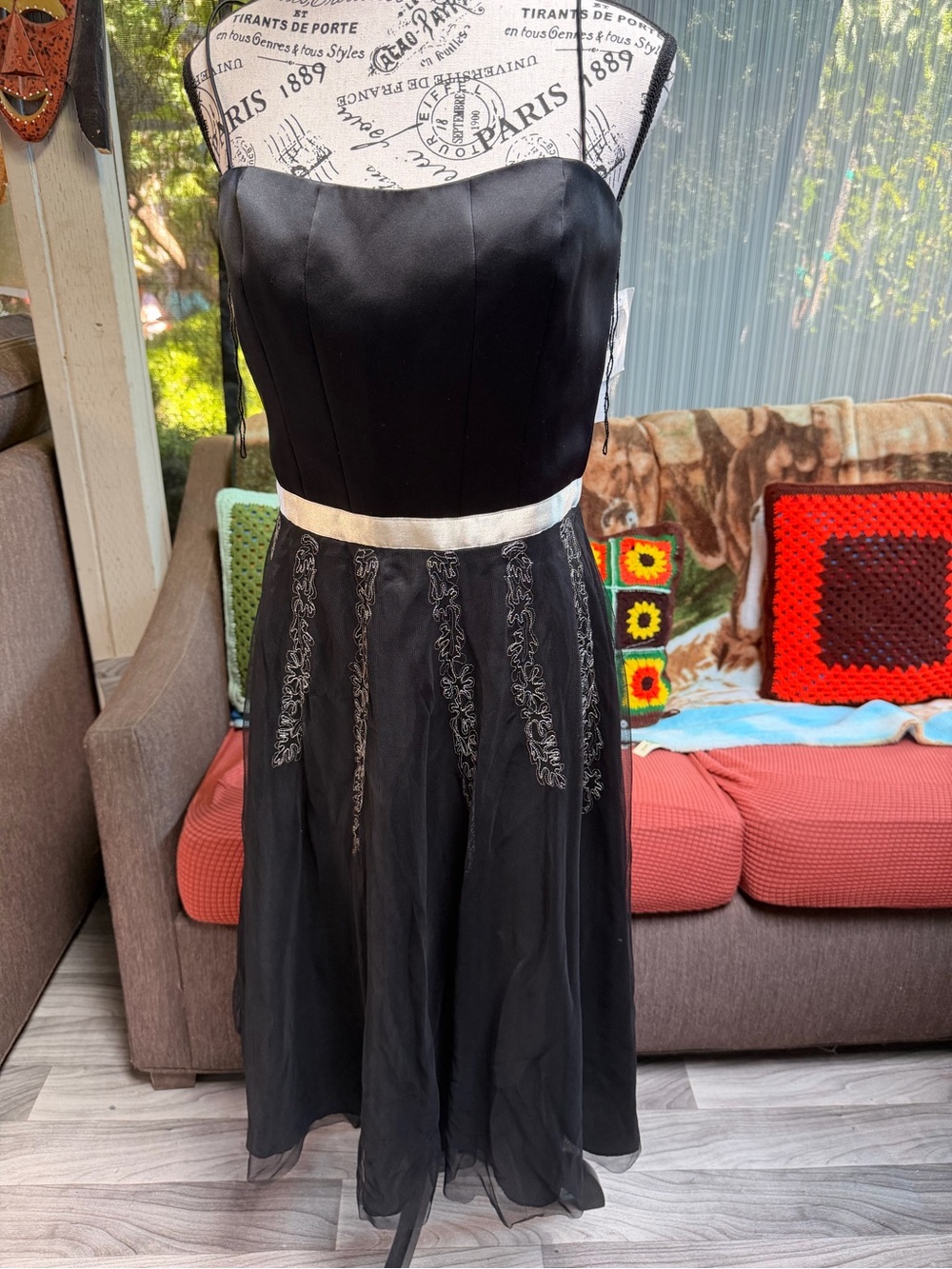 Black Strapless Midi Dress with Ivory Waist Sash